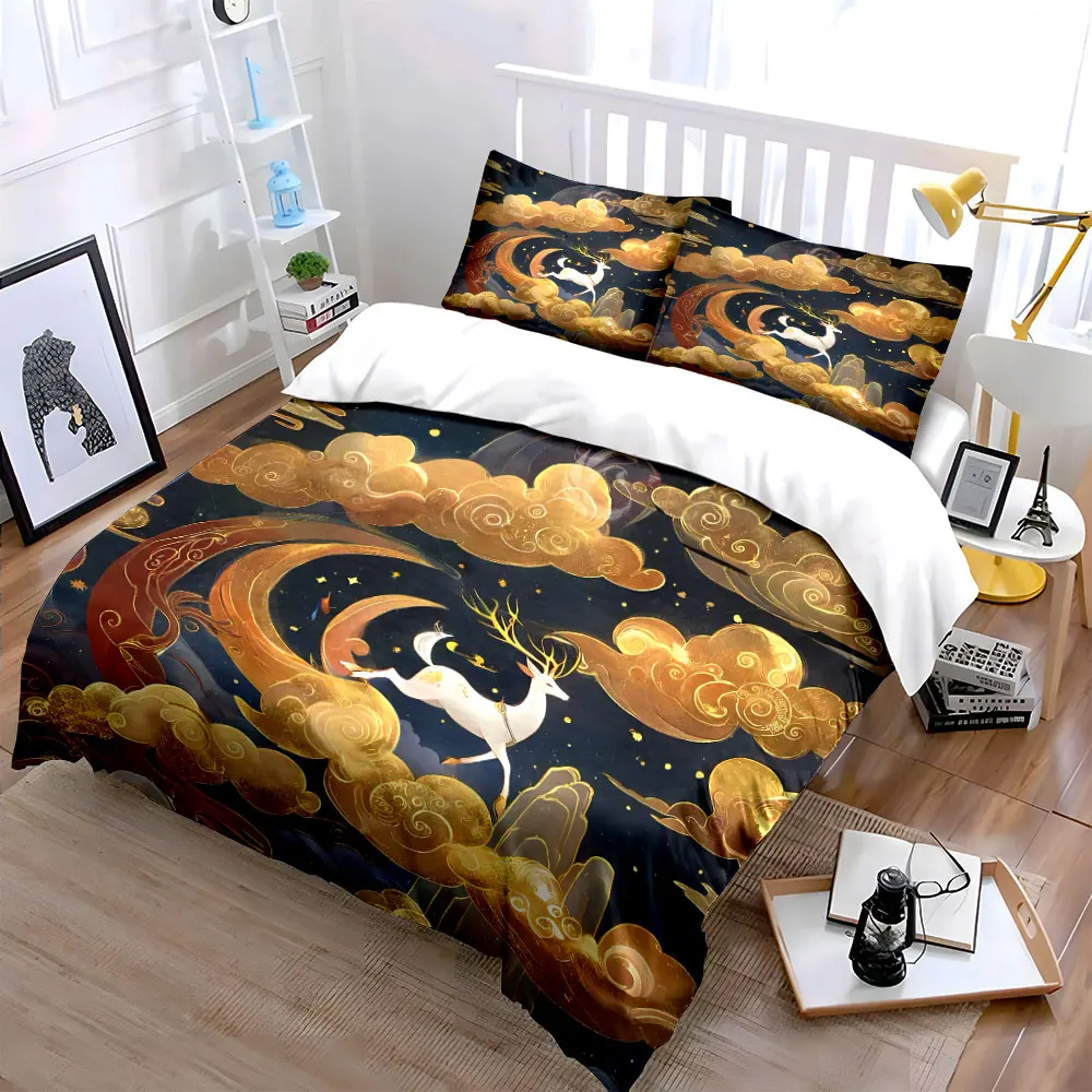 Golden Deer Fantasy Art Decor Bedding Set with 1 Duvet Cover 2 Pillowcases Single Double King Queen, Gift