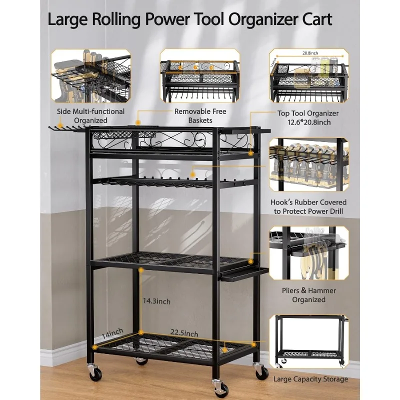 Organizer voor elektrisch gereedschap met wielen - 12 draadloze boorhouders, rollende gereedschapswagen, 4-laags robuuste metalen garageopslagplanken