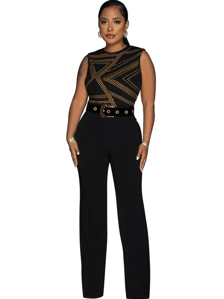 

Black White Rhinestone Bodycon Jumpsuit With Belts Sleeveless O Neck Women Club Wear Rompers Party Sexy Jumpsuits Wide Leg Pants