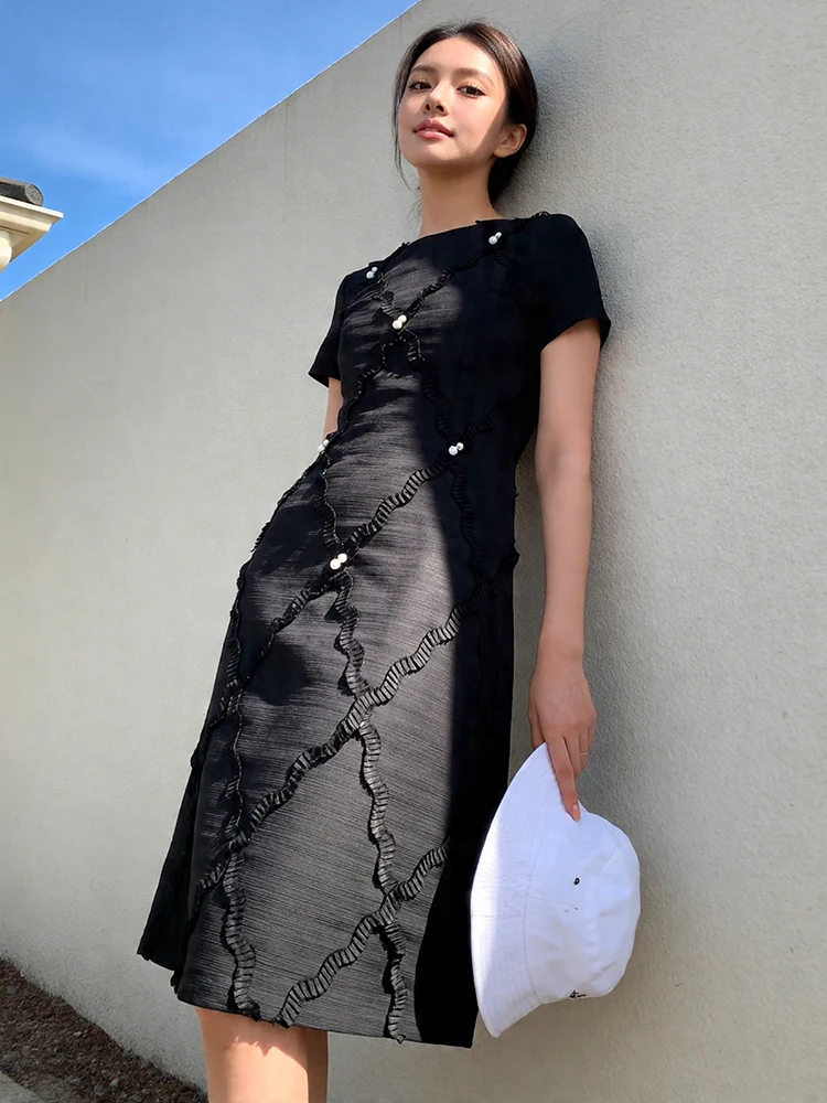 Damen Retro Schwarzes Bürokleid Elegantes Perlenverziertes Kurzarm Slim A-Linien Midikleid für Arbeit, Formelle Anlässe, Alltag und Sommer