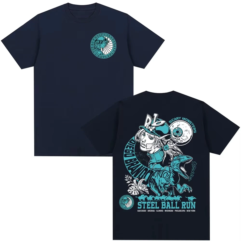 أنيمي جوجو غريب مغامرة تي شيرت الصلب الكرة تشغيل دييغو براندو مانغا الجرافيك تي شيرت الرجال النساء القطن عادية المتضخم التي شيرت