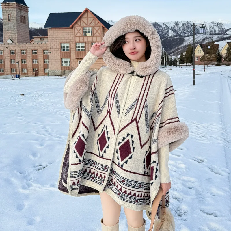 2026 Autumn Winter Geometric Lattice Pattern Imitation Cashmere Shawl Air Conditioning Room Cloak Poncho Capes