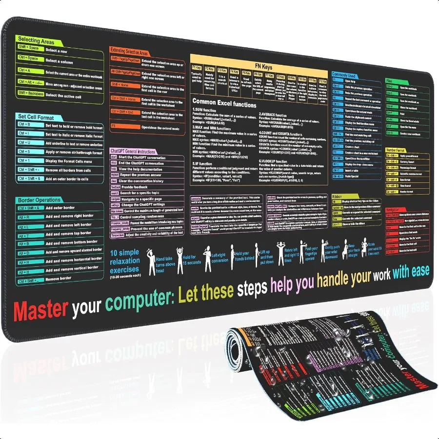 

Waterproof Mouse padExcel Cheat Sheet Desk padContains 9 major Excel function modules and common functionsLarge XL Mouse pad Ga