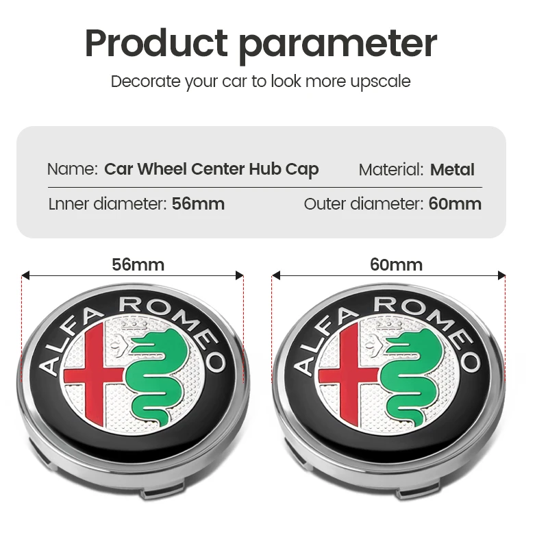 Suitable for Alfa Romeo Giulia Stelvio Giulietta 156 159 147 Mito Tonale Brera, 4-piece 60MM car wheel hub center cover badge ti