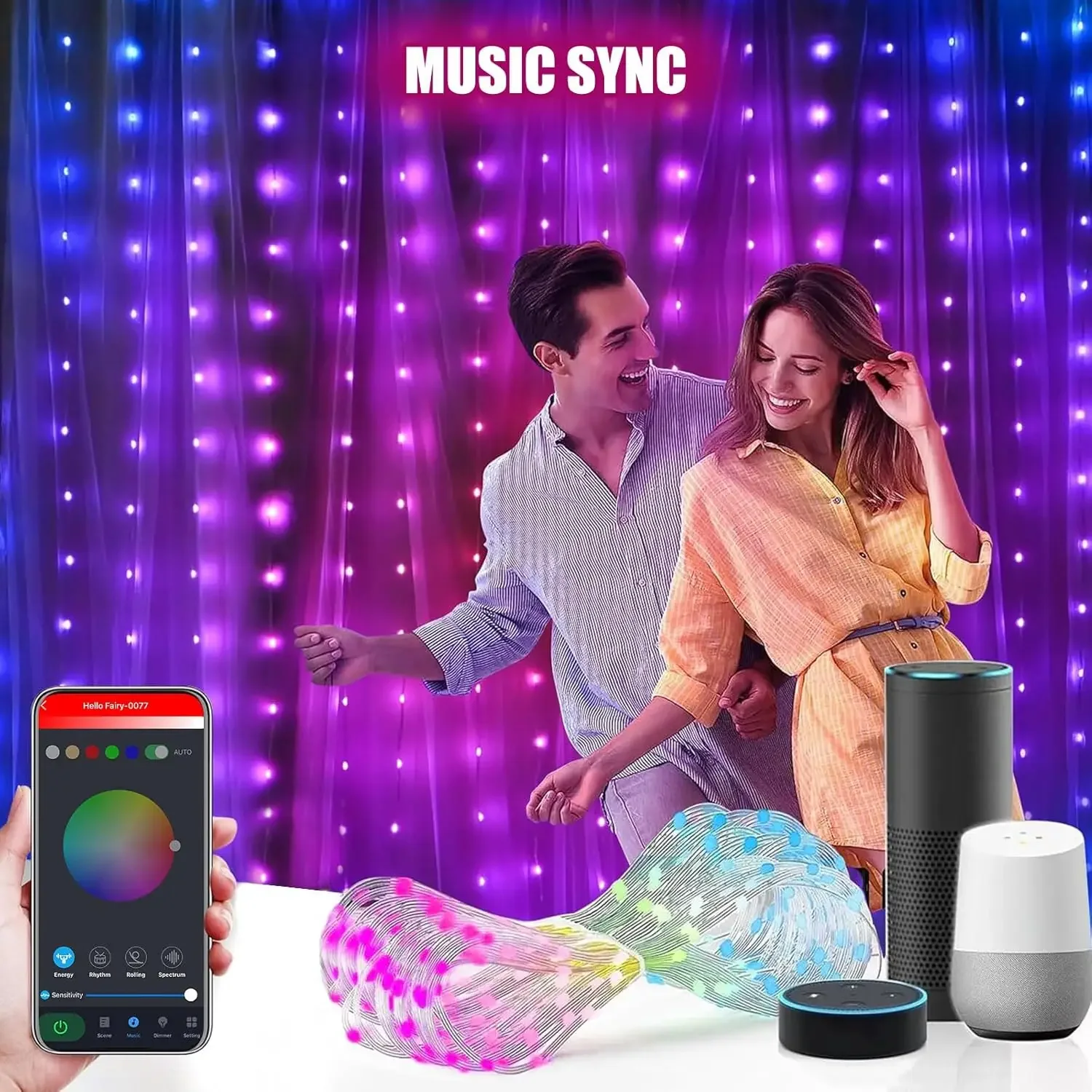 Smart LED Curtain Lights USB,400 LED Dynamic Pattern DIY Curtain String Lights with App & Remote Music Sync RGB Curtain Light