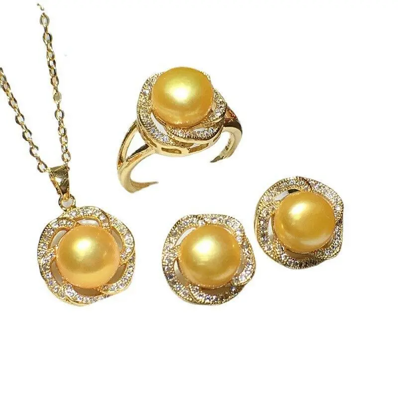 

Gorgeous AAAA 8-9mm South Sea Golden Stud Pearl Pendant &earring& Ring Set 925s