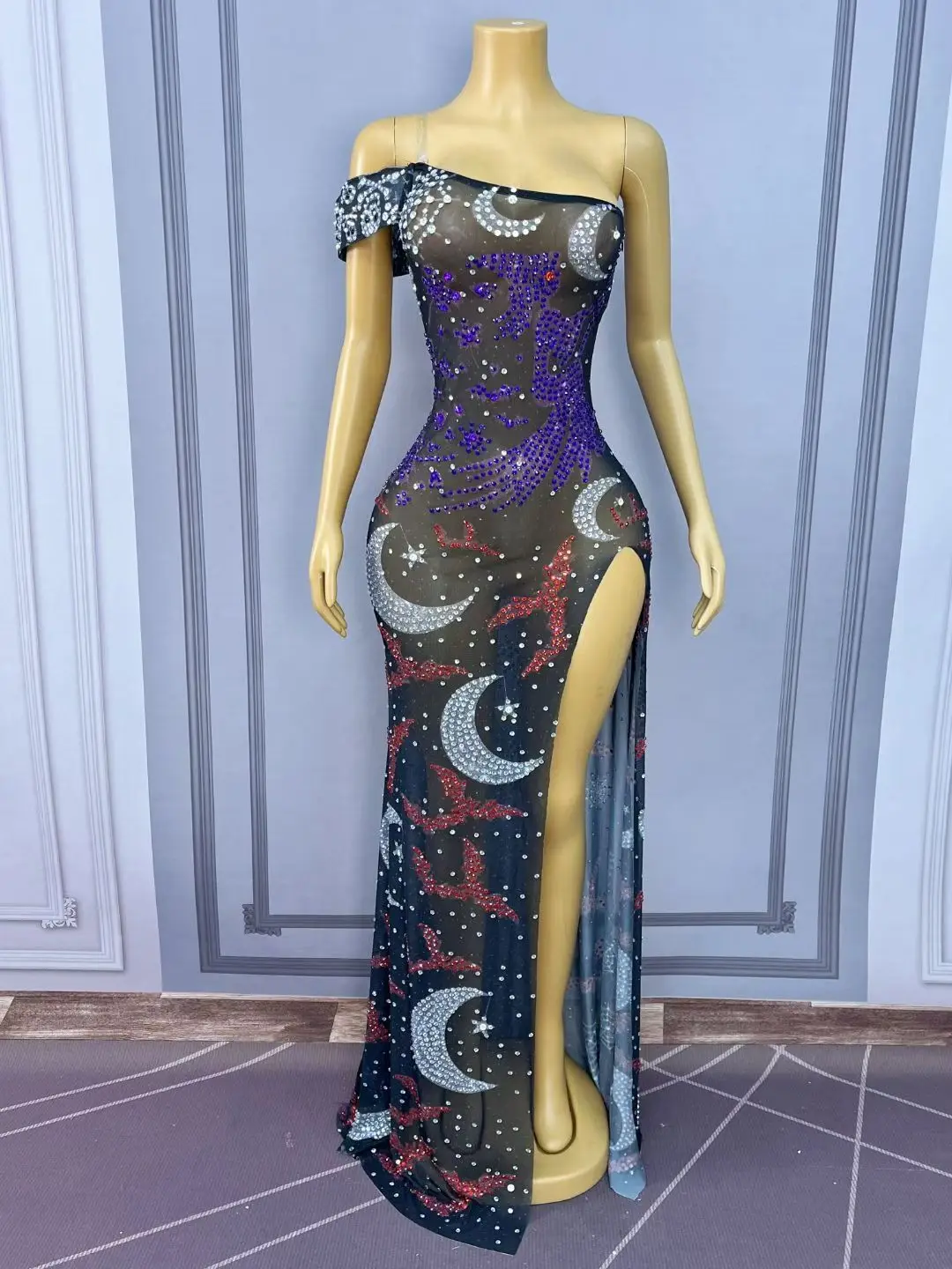 Nvwu Elegante Frauen Abendkleid mit Schrägen Schultern Ärmeln Sexy Schwarz Mesh Strass Schlitz Kleid Bar Tänzerin Leistung Kostüm