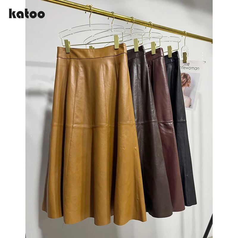 Real Leather Long Skirts Autumn Winter Women Top Layer Vegetable Tanned Sheepskin Burgundy/Coffee Simple Fashion Umbrella Skirt