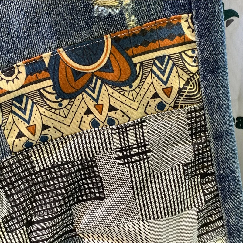 High street retro spring and autumn new style ripped blue jeans men's loose straight tube nostalgic patch printed pants