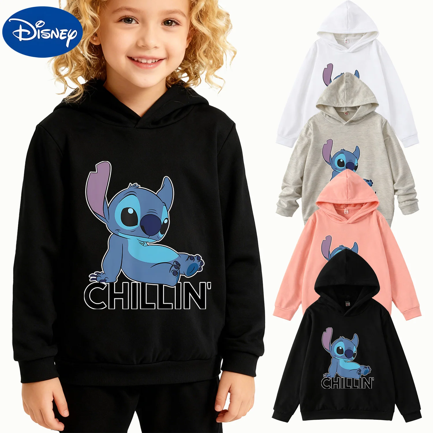 

Детская толстовка с рисунком Disney Stitch "Chillin", черный пуловер с длинными рукавами