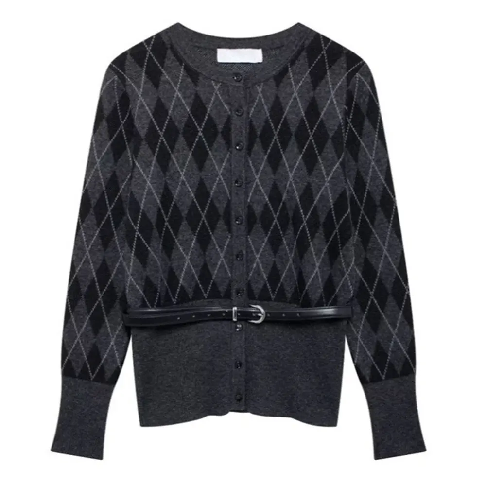 

Cross-border European and American women's AliExpress INS explosions with belt rhombus knit coat suit