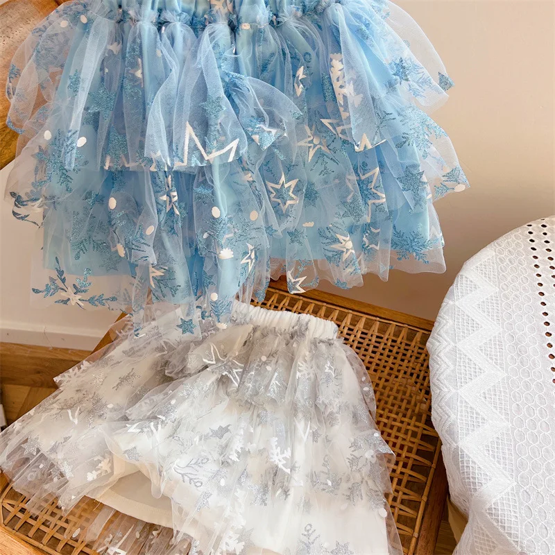 Kids Clothes Baby Girls Skirt Snowflake Sequin Tutu Dress Toddler Girl Kawaii Lolita Blue Skirt Princess Birthday Party Skirts