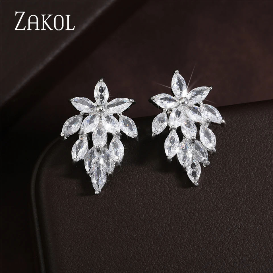 ZAKOL Trendy High Quality Marquise Cubic Zirconia Leaf Stud Earrings for Women Bridal Wedding Diner Party Birthday Jewelry EP558