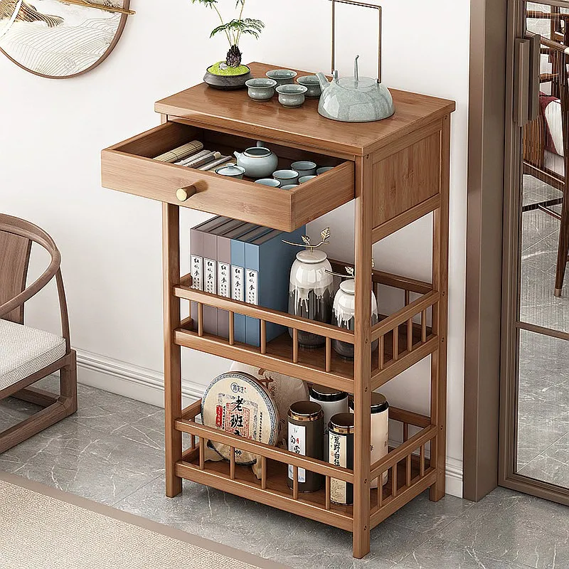 Movable Side Table Tea Cart with Drawer Rolling Serving Tray Portable Corner Cabinet
