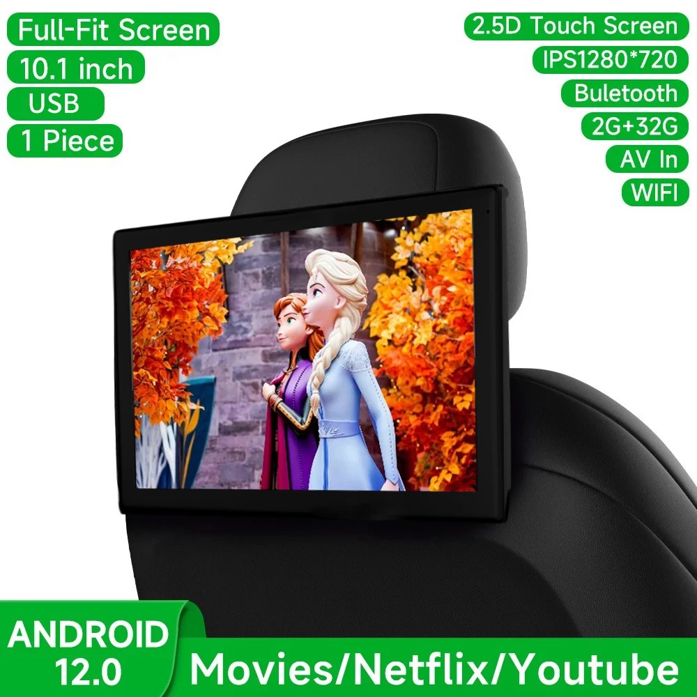 10.1 ''Android 12 Auto Hoofdsteun Monitor Ips Tv-Scherm Met Av Wifi Mirroring Wifi Carplay Auto Achterbank Scherm Videospeler