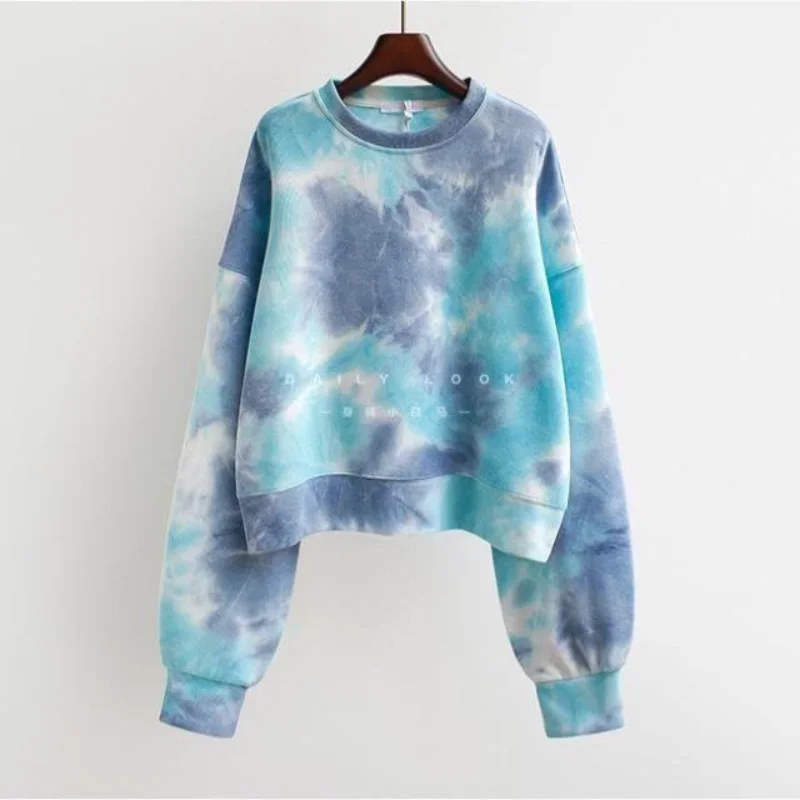 

2024 New Spring and Autumn Trend Fried Street Tie Dyed Round Neck High Waist Korean Version Loose Casual Short Women's Sweater