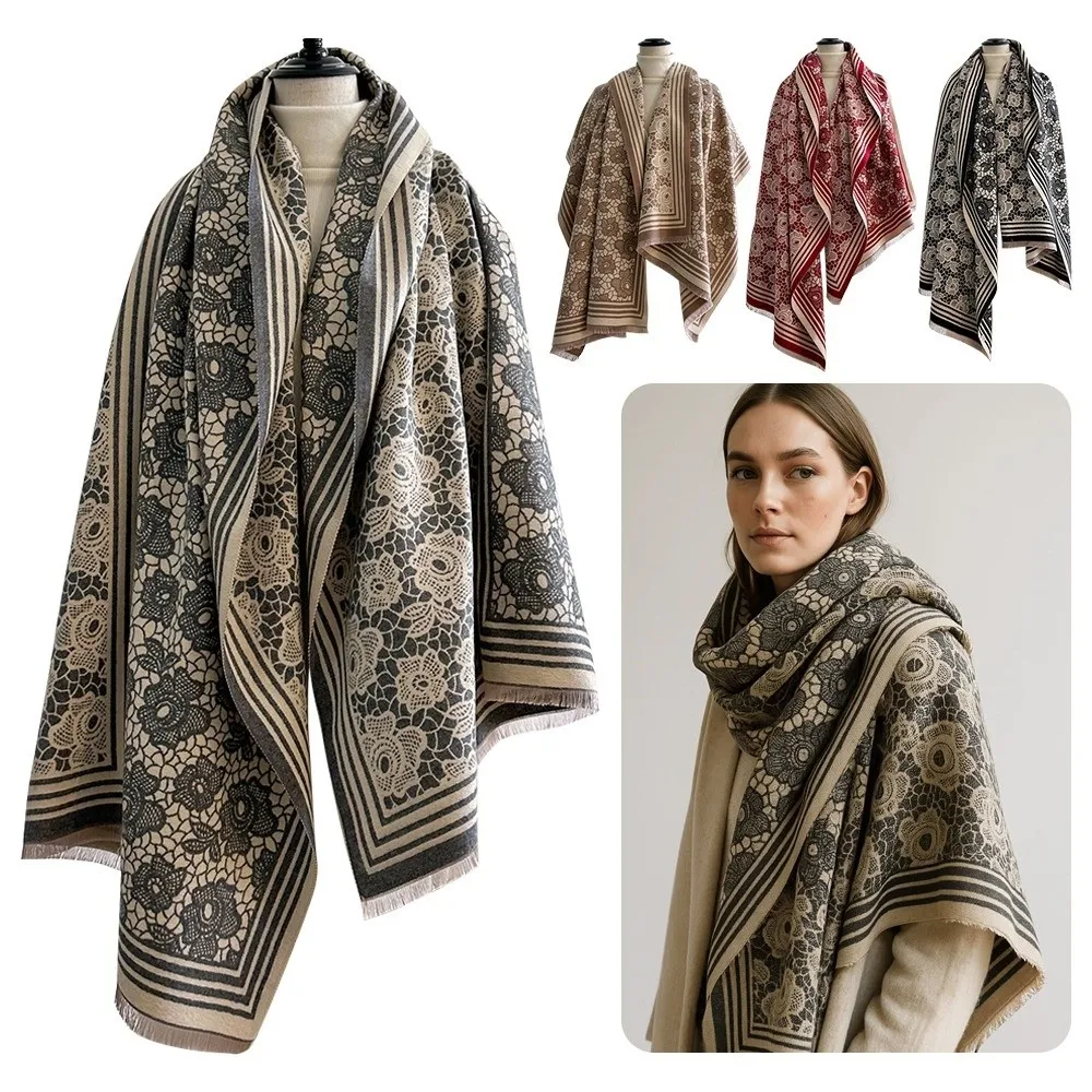 

Уютный роскошный шарф из искусственного кашемира с цветочным узором, двусторонняя зимняя шаль, толстое теплое ветрозащитное одеяло, шарф, зимний сезон