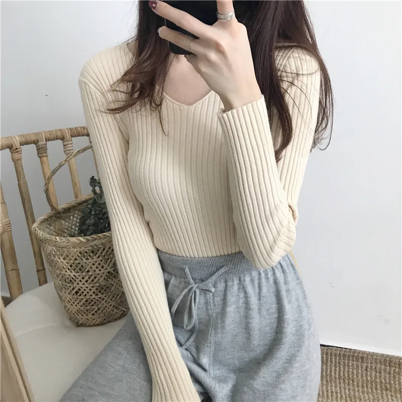 Koreański jesienny sweter z dekoltem V Dzianinowe swetry modowe 2024 Slim Zimowe topy dla kobiet Pullover Jumper Pull Femme Truien Dames