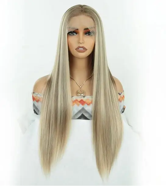 

Highlight Synthetic Lace Front Wigs for Women Straight Sliver Grey Lace Frontal Wig 30 Inches Cosplay Lace Wig