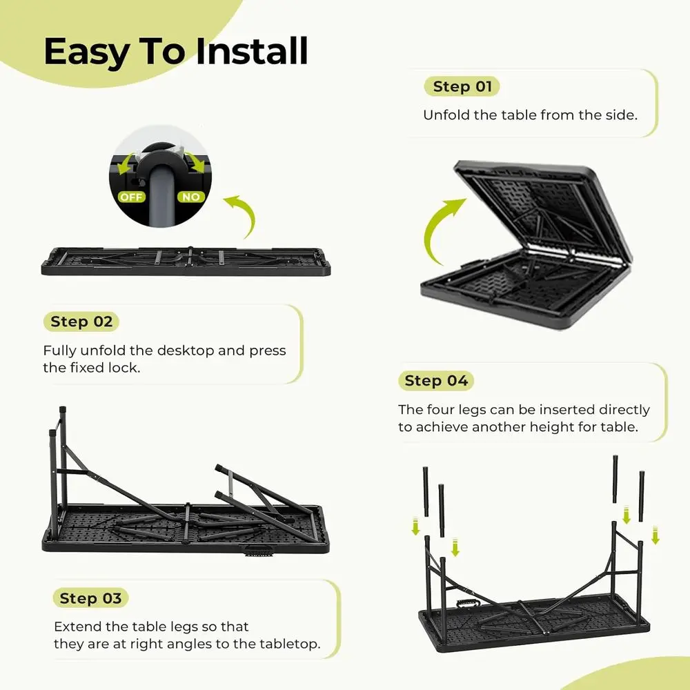 طاولة قابلة للطي بارتفاع قابل للتعديل 4 أقدام، شديدة التحمل 400 رطل، محمولة للاستخدام الداخلي والخارجي، سطح خشبي محبب #6