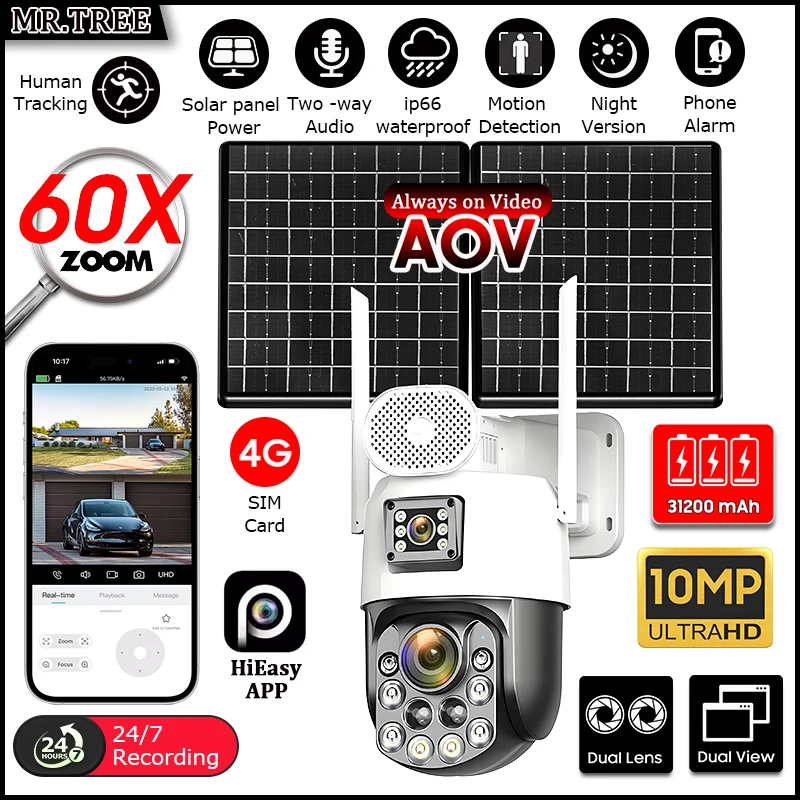 4G SIM Home Outdoor Surveillance Solar Camera 60x Zoom AOV 24 Hours 25W Smart Auto Tracking PTZ CCTV Security Protection IP Cam