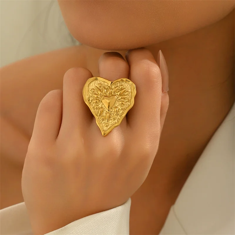 Xiyanike Overdreven Persoonlijkheid Geplooide Textuur Hart Open Ringen Voor Vrouwen Vintage Mode Nieuwe Sieraden Gift Party Dagelijks Anillos