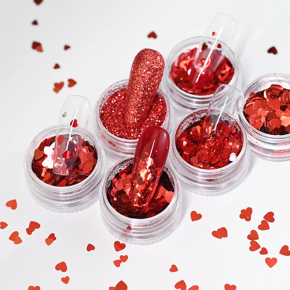 6Jar/set Heart Nail Sequin Red Nail Glitter Powder 3D Shiny Flakes Holographic Sequins For Valentine's Day Nails Art Decorations