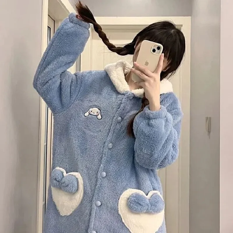 Thicker Women\'S Pajamas Warm Sweet Hooded Nightgown Winter Flannel Disney Linabell Losto Sanrio Kuromi Cinnamoroll Cute Pajamas