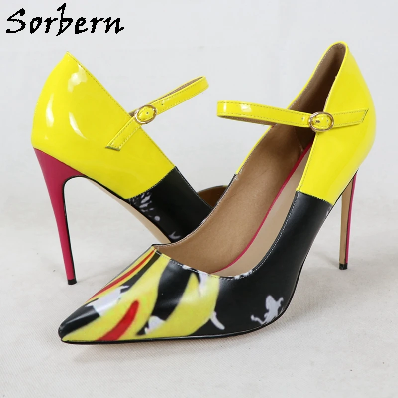 Sorbern Yellow Mary Jane Women Pump Shoes High Heel Stilettos Ol Shoe Pointed Toe Female Pumps Custom Multi Colors