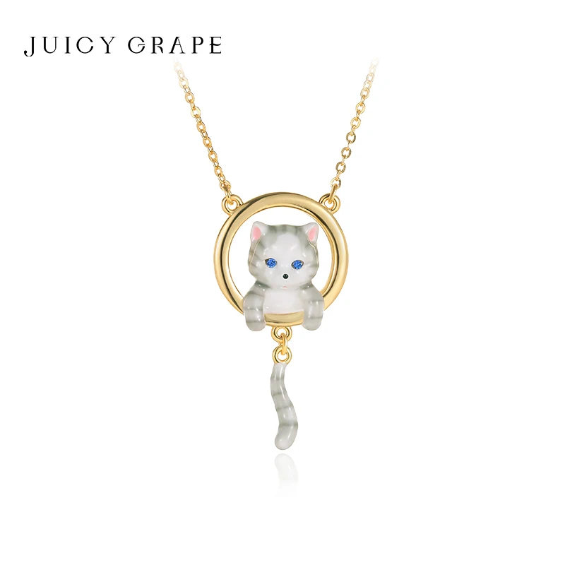 

JUICY GRAPE Cute Cat Necklace for Women 2023 New Trend Enamel Handmade 18K Gold Plated Fashion Accessories Jewelry