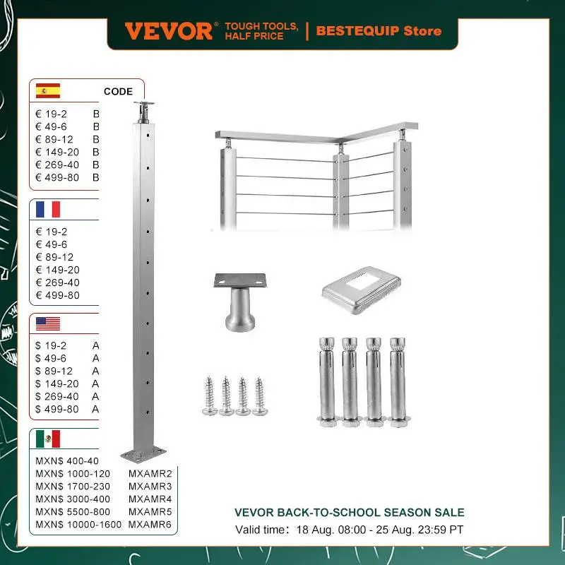 VEVOR Cable Rail Post Level Deck Stair Post Stainless Steel Brushed Finishing DIY Picket Deck Stair Railing Kit w/ Mount Bracket