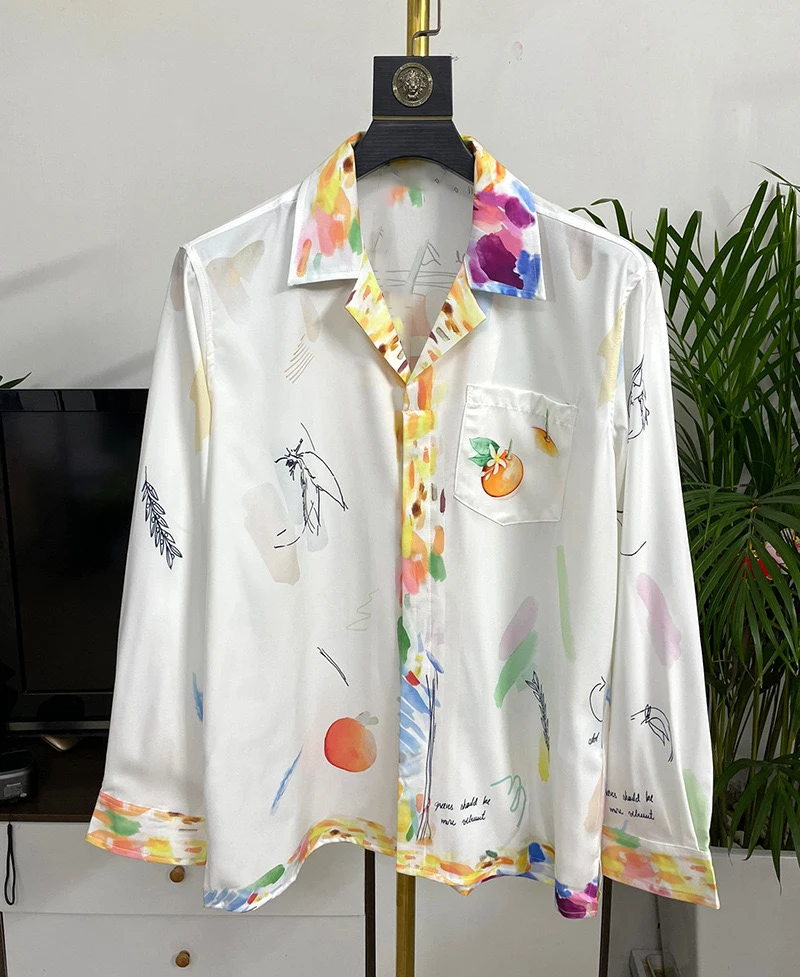 Cuban collar long-sleeved shirt top European and American new fruit full-body print Hawaiian retro short-sleeved print casual