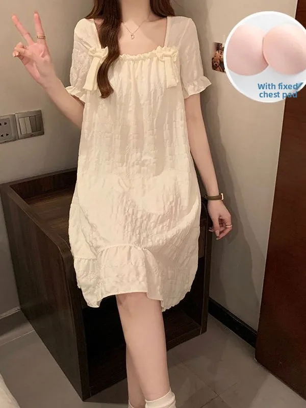

Summer New Sweet Knot Cloud Pattern Cotton Spwear Women's Home Clothes Pure Color Midi Dr with Chest Pad