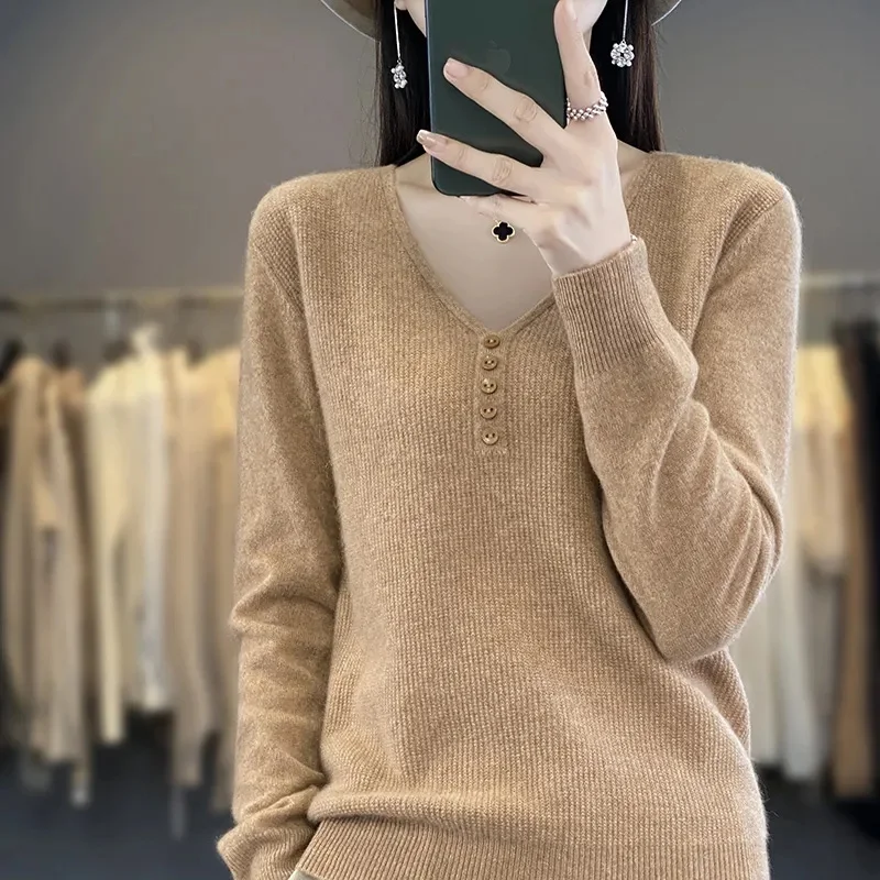 

2024 New Womens Sweaters Spring Autumn V-neck Knitted Pullovers Loose Bottoming Shirt Cashmere Fashion Jumper Solid Pink Sweater