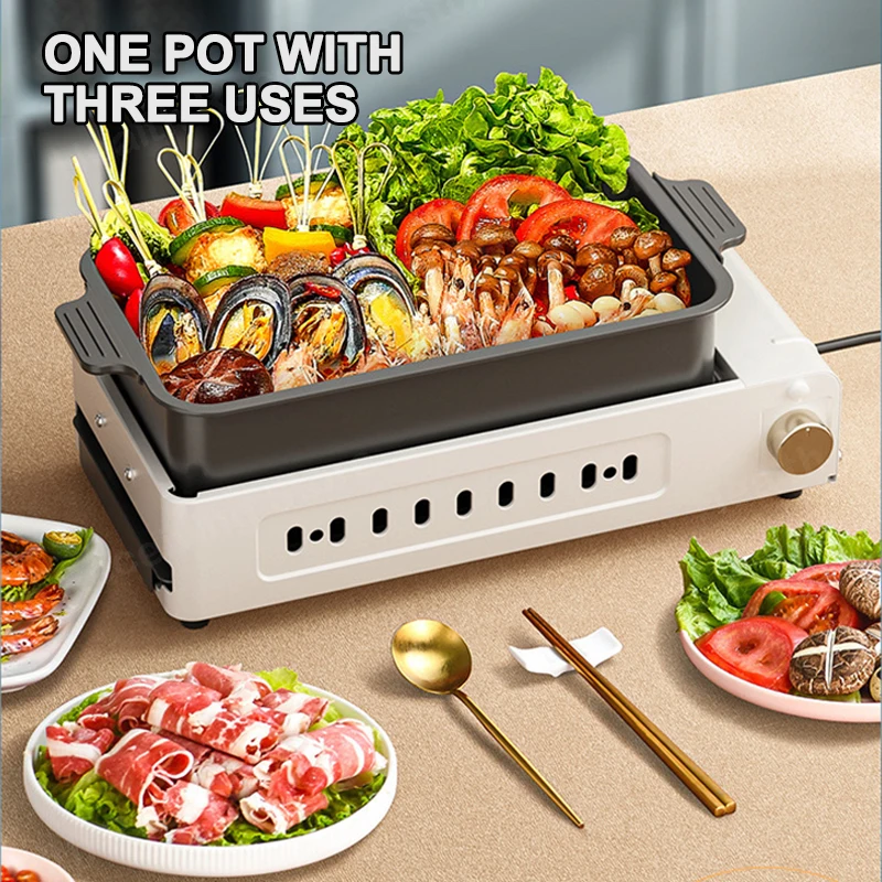 2200W Multifunction 3-in-1 Grill Pan Household Electric Barbecue Machine Smokeless Electric BBQ Hot Pot Split Cooking Pot 220V