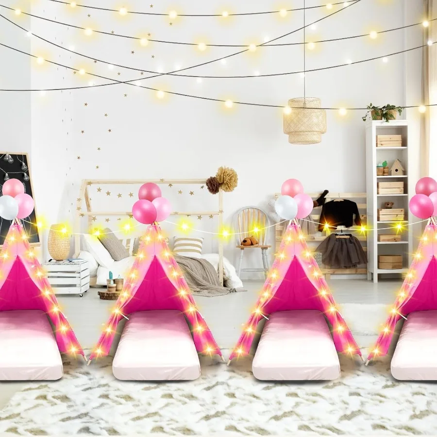 Paquete de 2 tiendas tipi con colchón, sábana ajustable, cuerda ligera, tienda de juegos lavable de algodón Natural para niños y niñas, interior y exterior