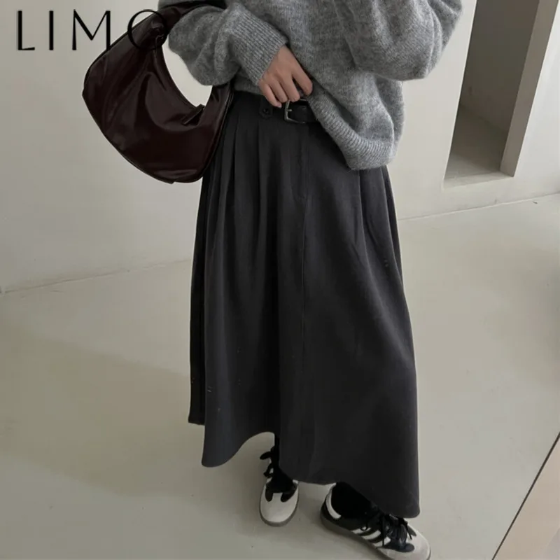 

LIMO High Waist Vintage A-Line Skirt with Belt Solid Color Full Flare Elegant Spring Summer Fashion 2025 New Chic Quality