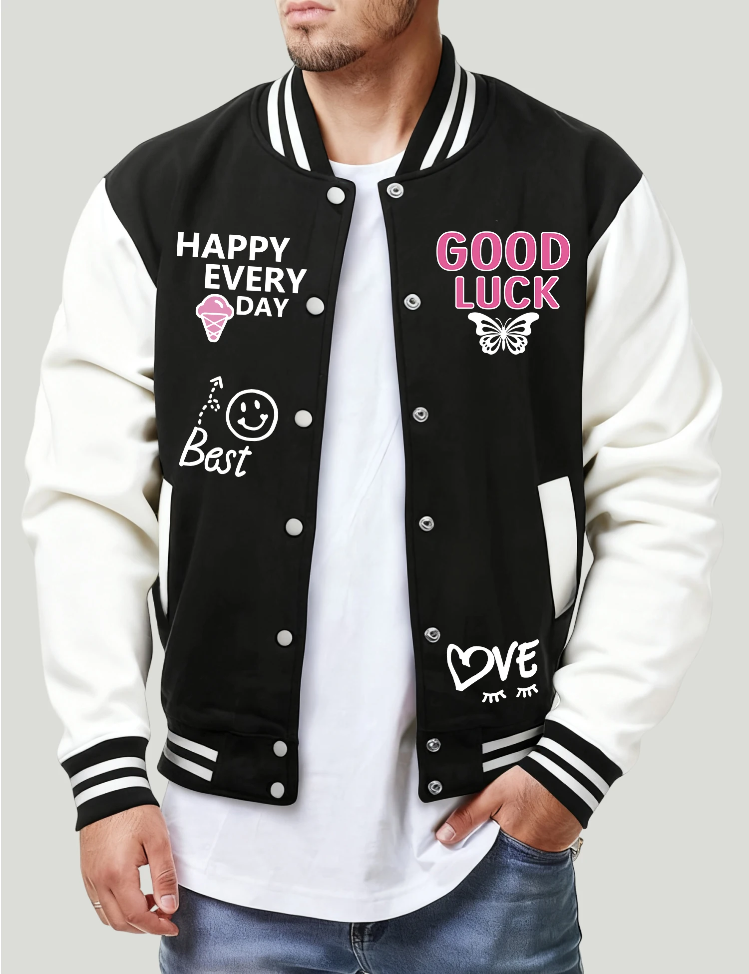 

Good Luck Happy Every Day Prints Baseball Jacket For Men Fashion Soft Jersey Autumn Loose Coat Loose Unisex Casual Clothing