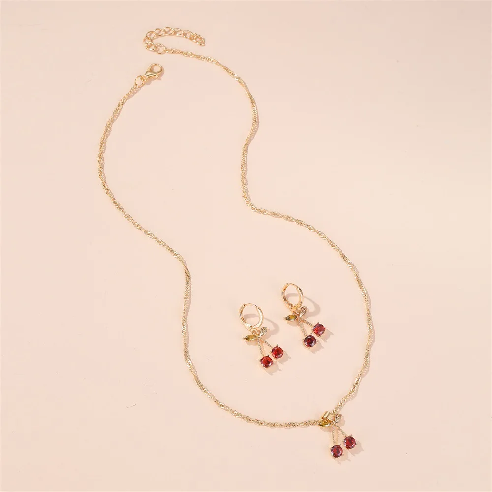 Luxury Wedding Dinner Party Temperament Jewelry Sets Bright Red Crystal Cherry Heart Pendant Necklace and Drop Earring for Women