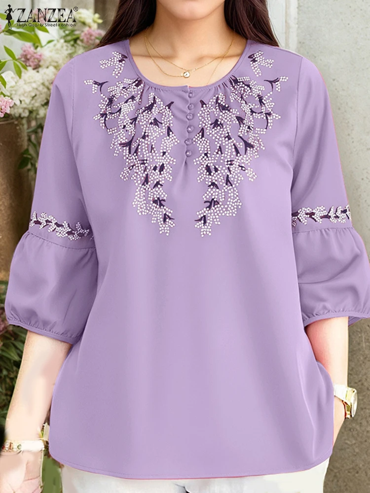 

Summer Women Blouse ZANZEA Vintage Print Tunic Tops 2025 Fashion 3/4 Lantern Sleeve O-Neck Casual Shirts Loose Oversized Blusas