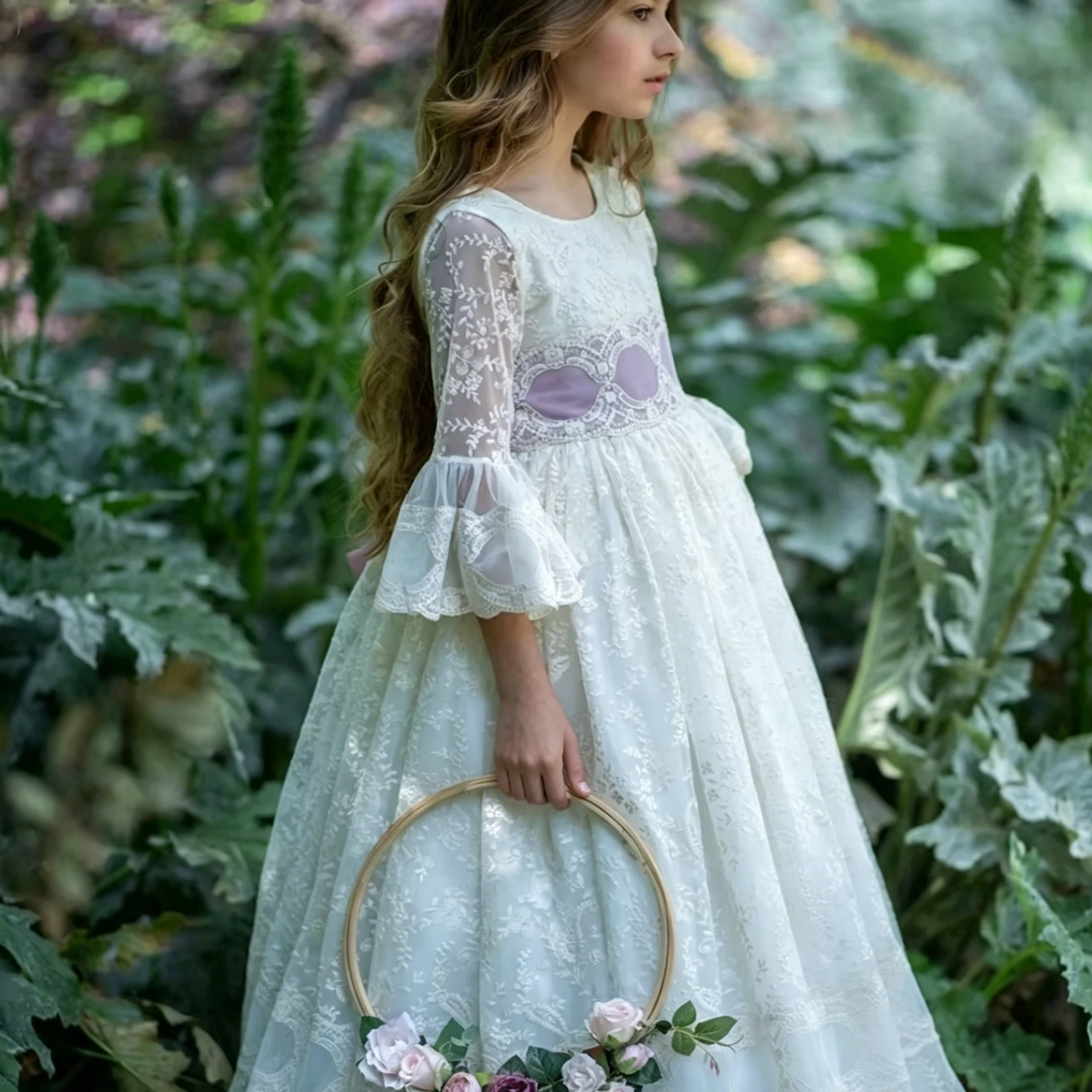 Maßgeschneidertes Blumenmädchenkleid für die Hochzeit, Spitze, halbe Ärmel, bodenlang, hohe Taille, elegantes Kinderkleid zum Geburtstag, Erstkommunion