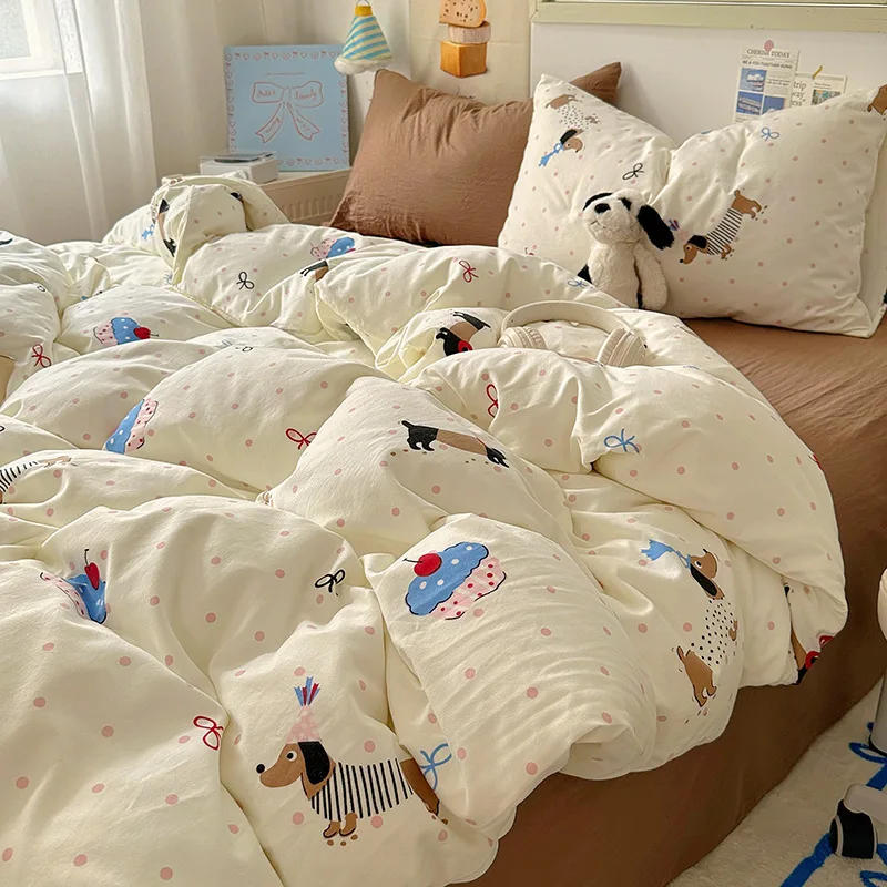 Korean Cute Girls Bedding Sets Soft Flat Sheet Duvet Cover Pillowcase Bed Linen Polyester Twin Queen Full Size Quilt Cover Set
