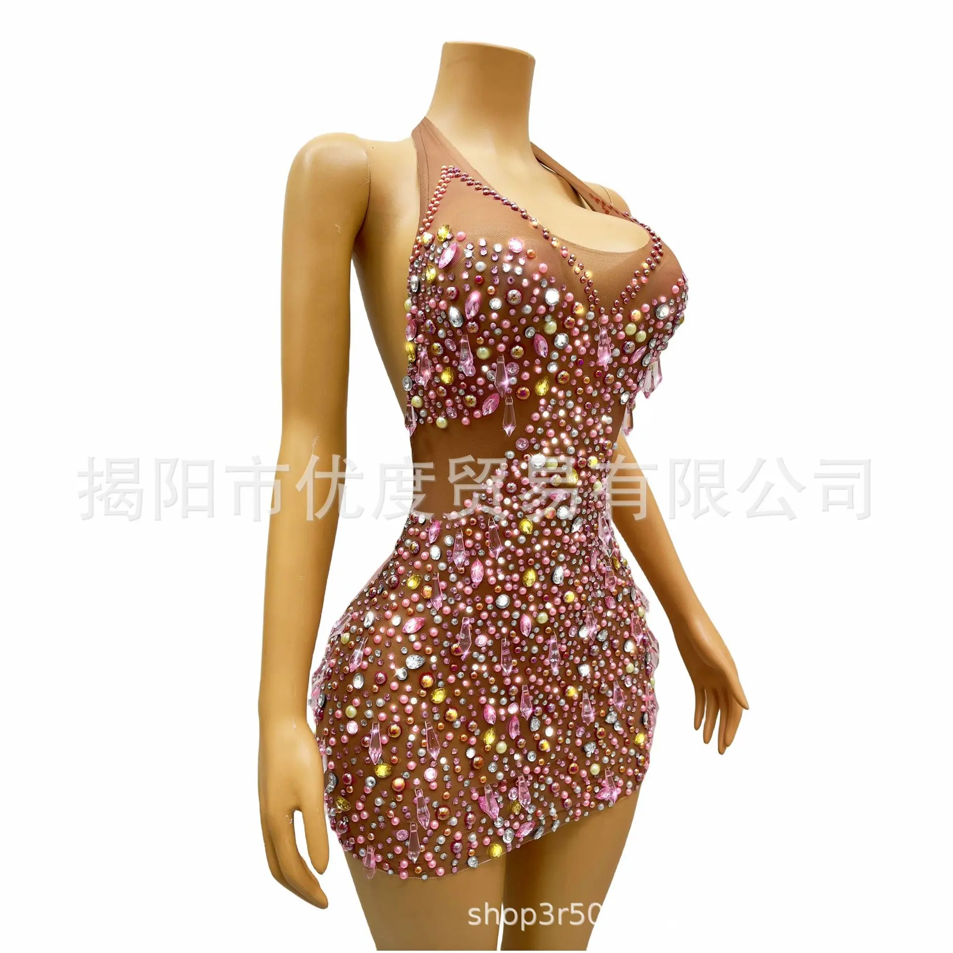 الحلو والتوابل نمط Halterneck عارية الذراعين اللؤلؤ قلادة حجر الراين بار مساء الأداء غاسل تنورة فستان حفلة التخرج