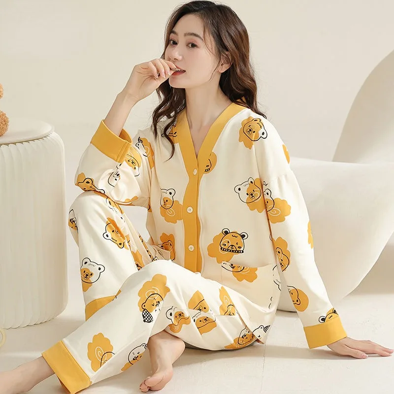 

2024 New Pajamas Ladies Spring Autumn Sleepwear Cotton Long-sleeved Women Nighty Cardigan Outside Wear High-end Loungewear Set