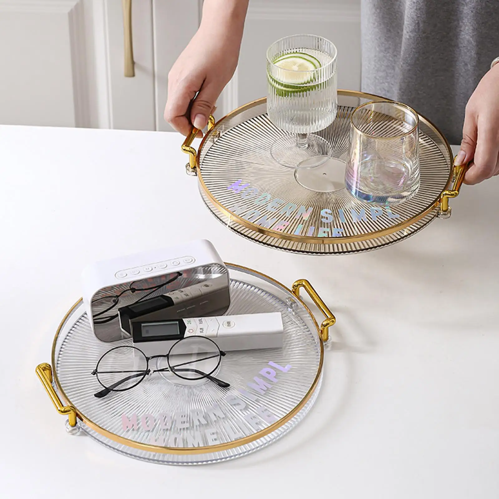 Decorative Round Serving Tray Double Handle for Kitchen Breakfast Dinner Storage Organizer Vanity Table Decorations