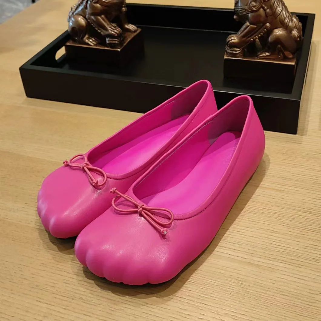 

Rose Red Bowknot Flat Shoes Round Toe Flat Shallow Mouth Slip On Ballet Shoes Temperament Fashion Sweet Beauty Shoes