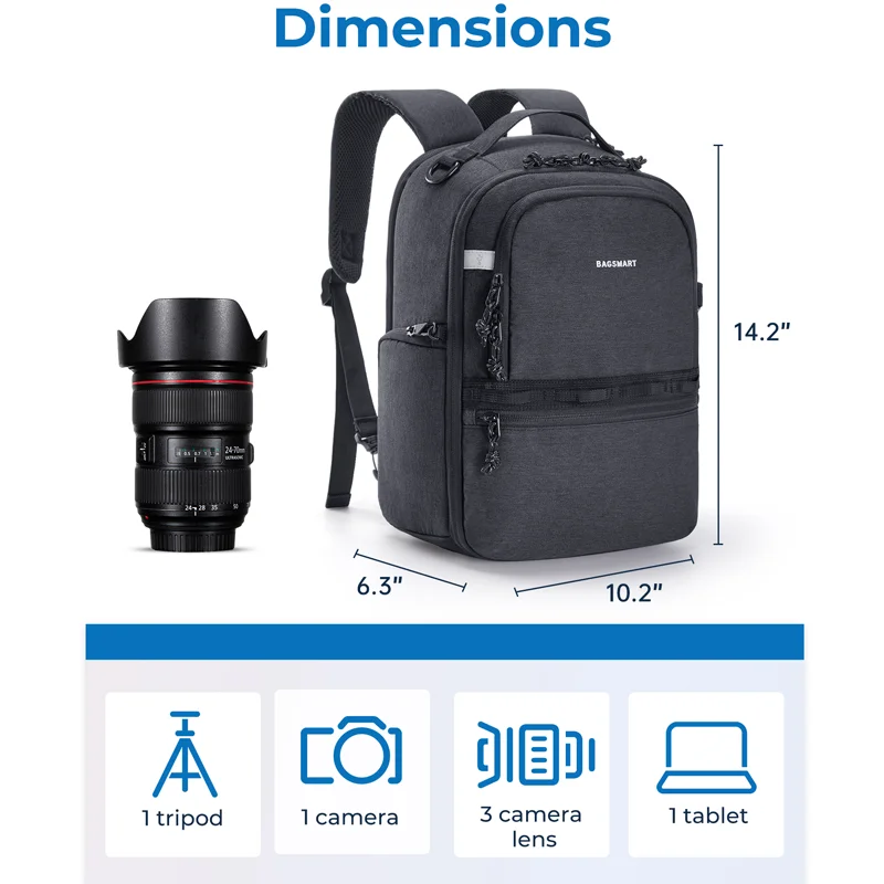 BAGSMART-Sac à dos pour appareil photo reflex numérique, étui de voyage antivol, adapté à Sony, IL, Intérieur o, prolifération avec plusieurs moyens