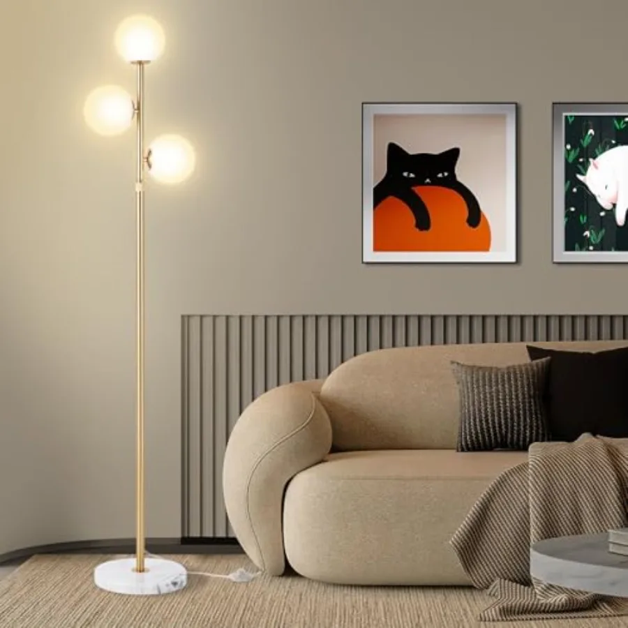 

3-Globe Mid Century Modern Floor Lamps for Living Room Adjustable Height Standing Lamp with Marble Base Gold Tall Lamp with Fro