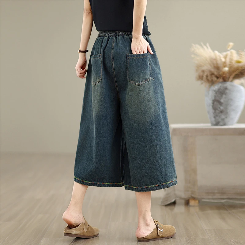 

Summer Thin Wide Leg Jeans Women's Loose Fit Embroidered Denim Trousers Casual Sle l Waist Blue Color