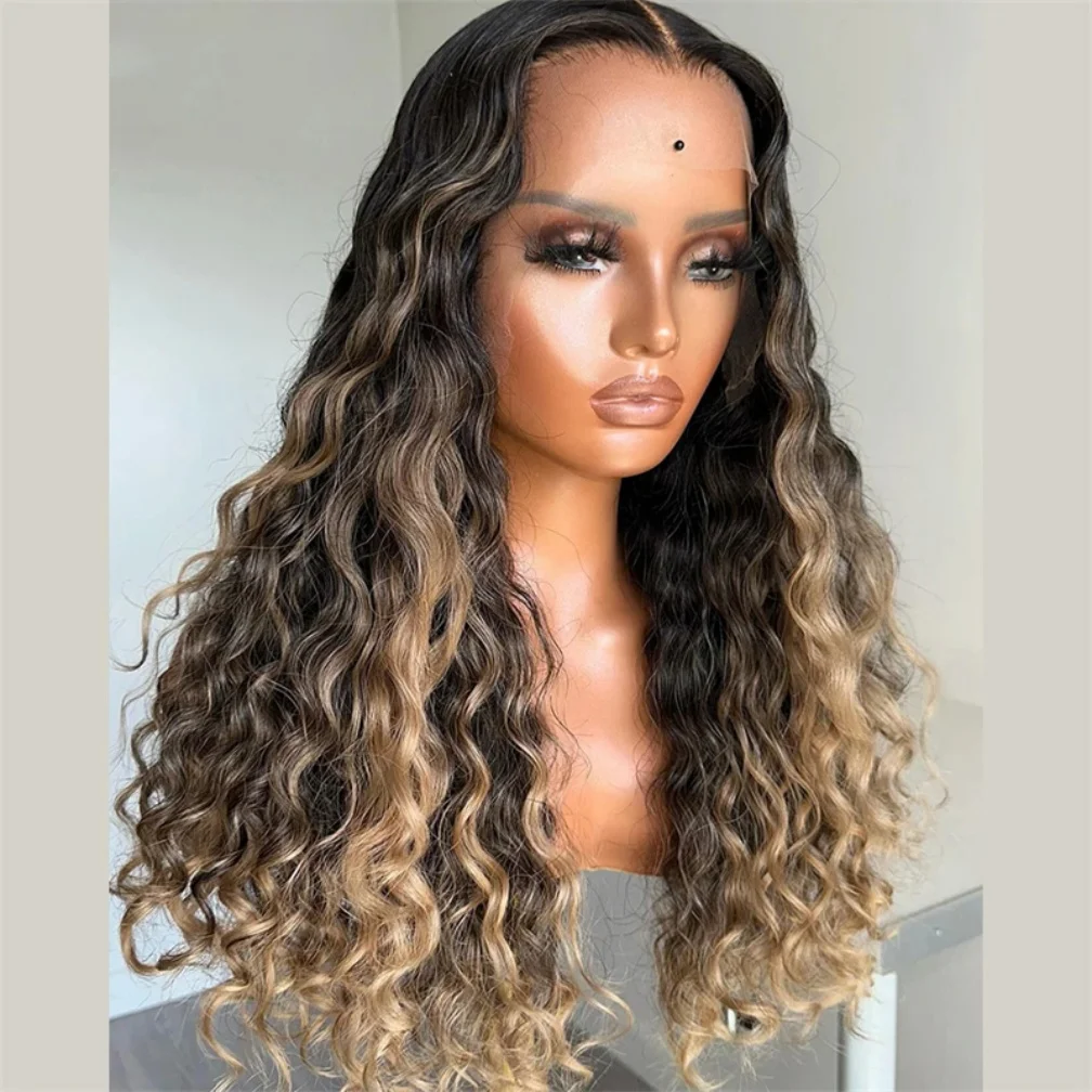 180 الكثافة 26 "ناعمة أومبير شقراء براون غريب مجعد الدانتيل شعر مستعار أمامي للنساء BabyHair غلويليس مقاومة للحرارة